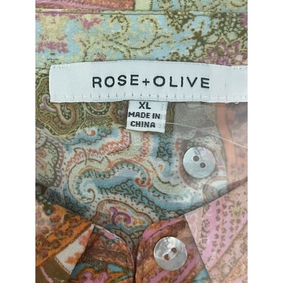 Rose & Olive Button Front Blouse Top Patchwork Size XL Long Sleeve Collar - Picture 4 of 8